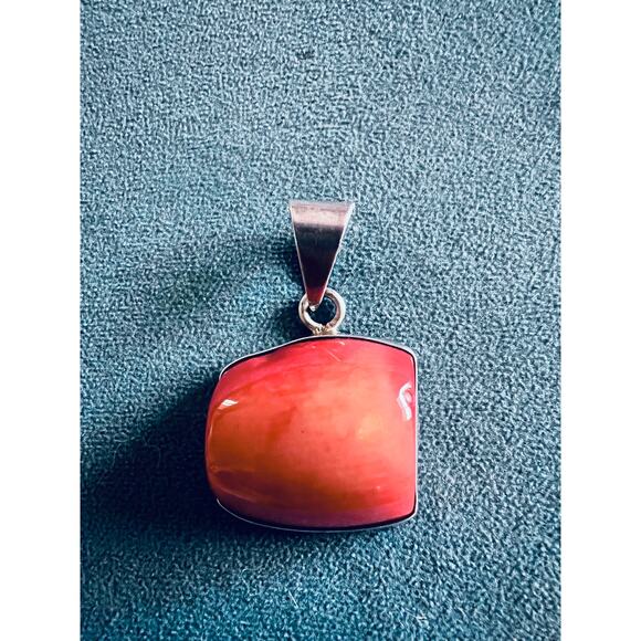 Mexico Jewelry - Vintage Mexico 925 Sterling Silver Red Coral Pendant 1.5” Bold Modernist Design